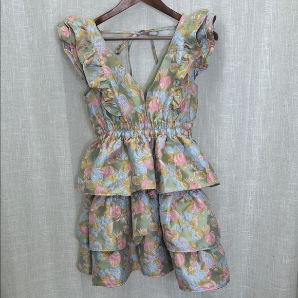Buddy Love Dresses & Skirts - Buddy Love Jacquard Floral Ruffle Tiered  Dress in Sage Green and Pastel Pink
